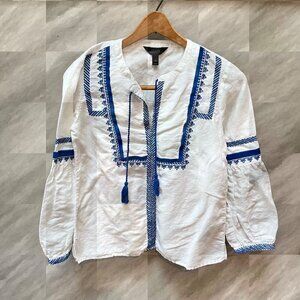 J.Crew White & Blue Embroidered Linen-Cotton Blouse‎ Size 0